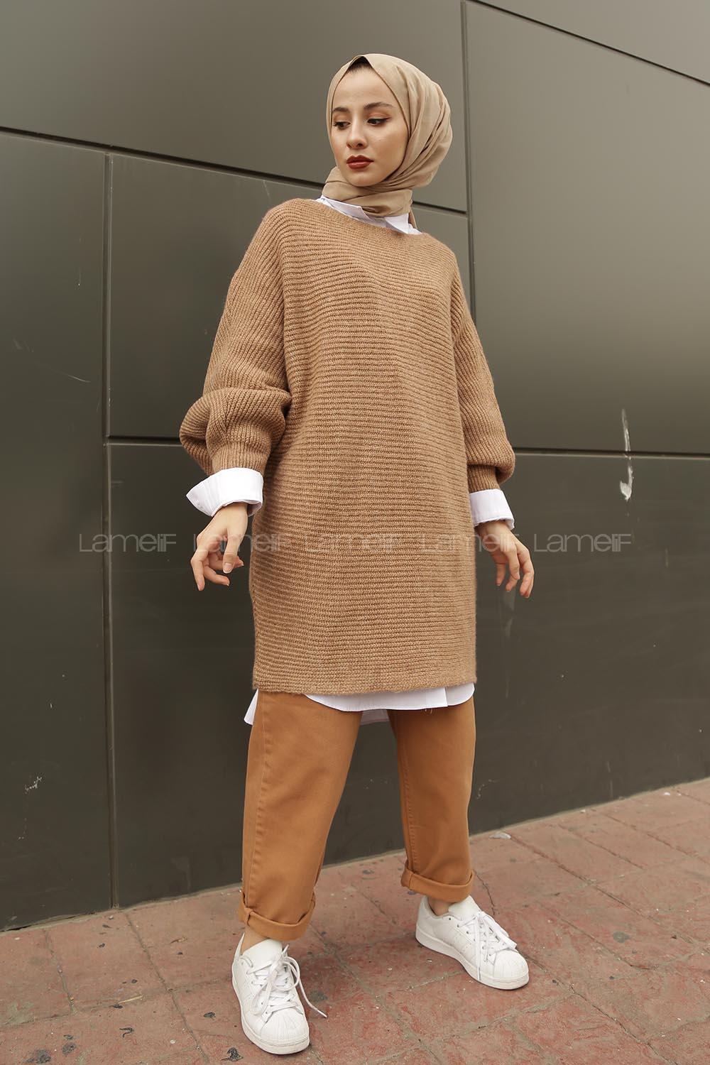 Modalamelif  Kayık Yaka Yarasa Kol Detaylı Kazak Sütlü Kahve