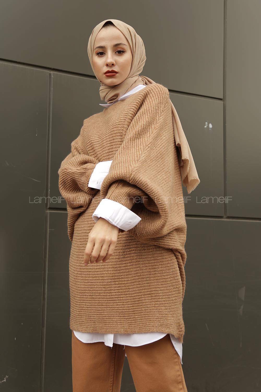 Modalamelif  Kayık Yaka Yarasa Kol Detaylı Kazak Sütlü Kahve