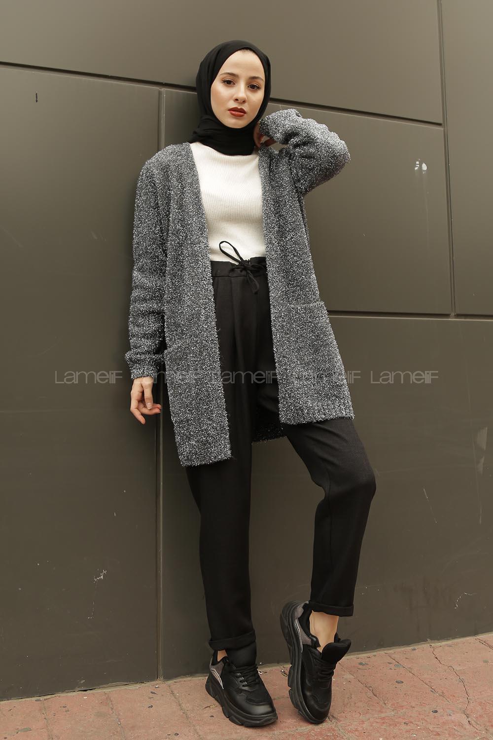 Modalamelif Simli Triko Hırka Gümüş