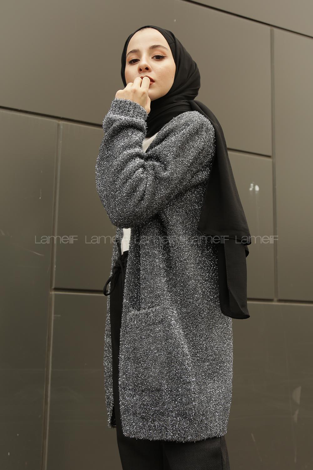 Modalamelif Simli Triko Hırka Gümüş