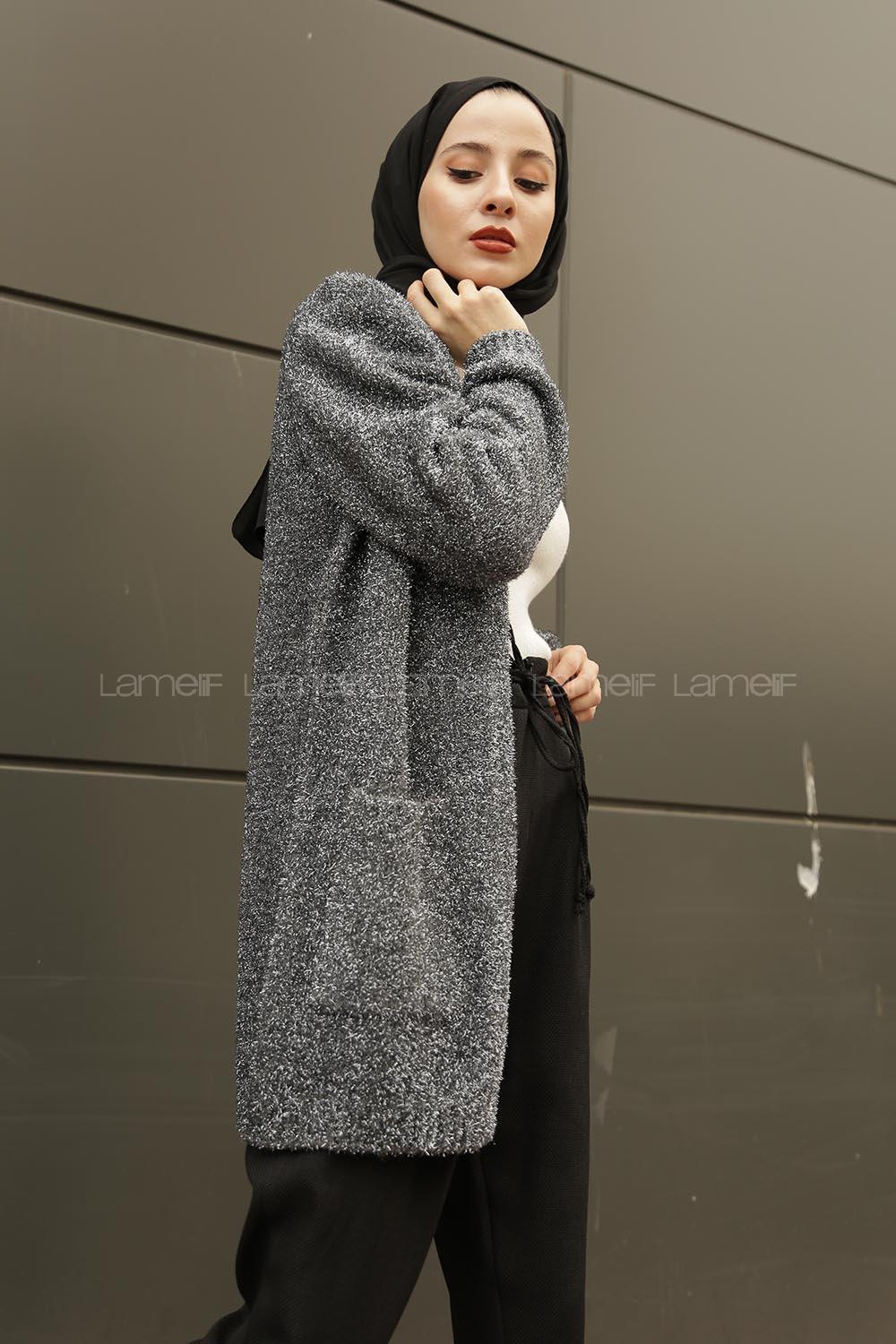 Modalamelif Simli Triko Hırka Gümüş