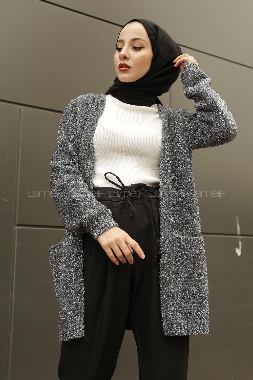 Modalamelif Simli Triko Hırka Gümüş