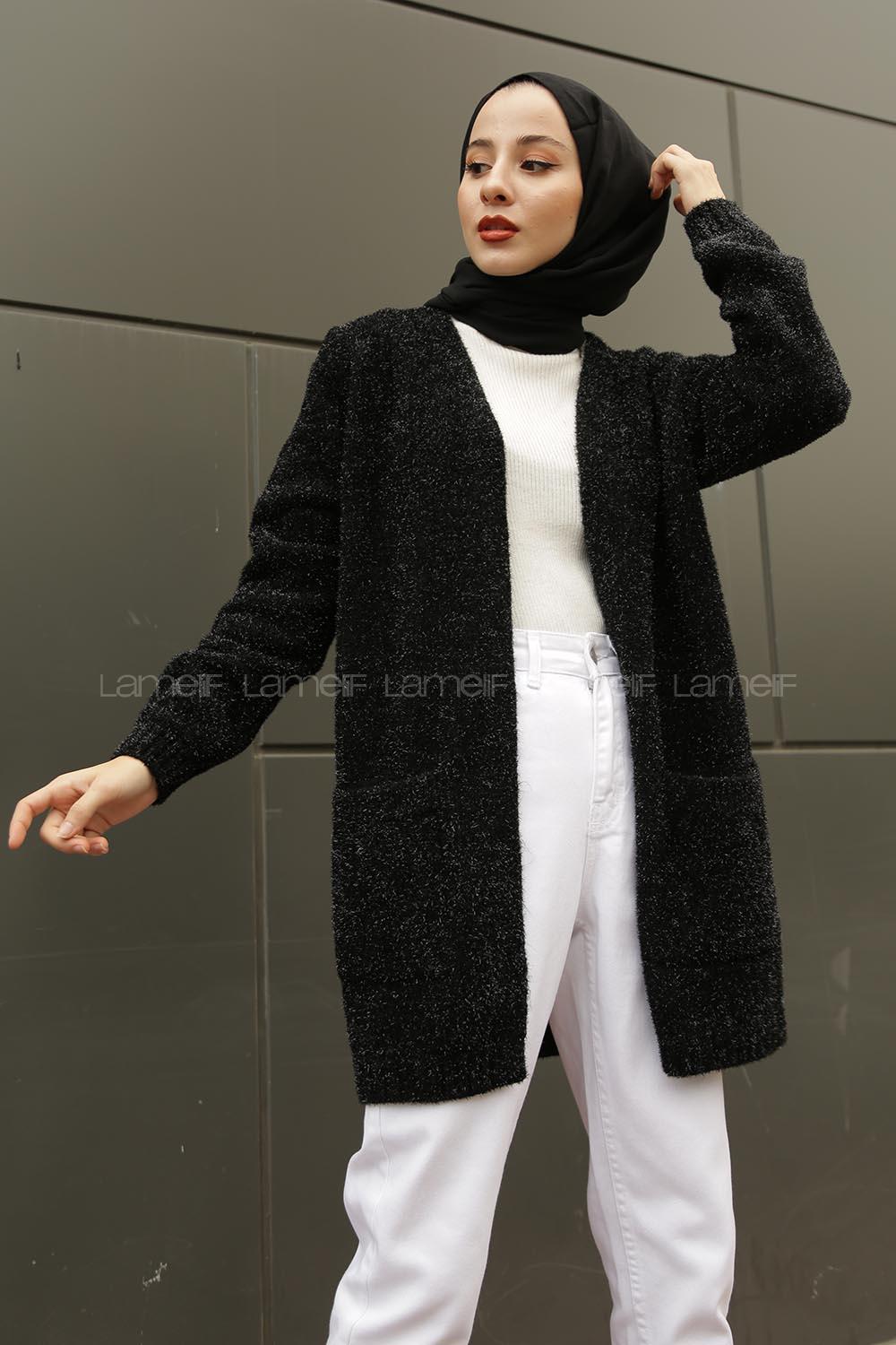 Modalamelif Simli Triko Hırka Siyah