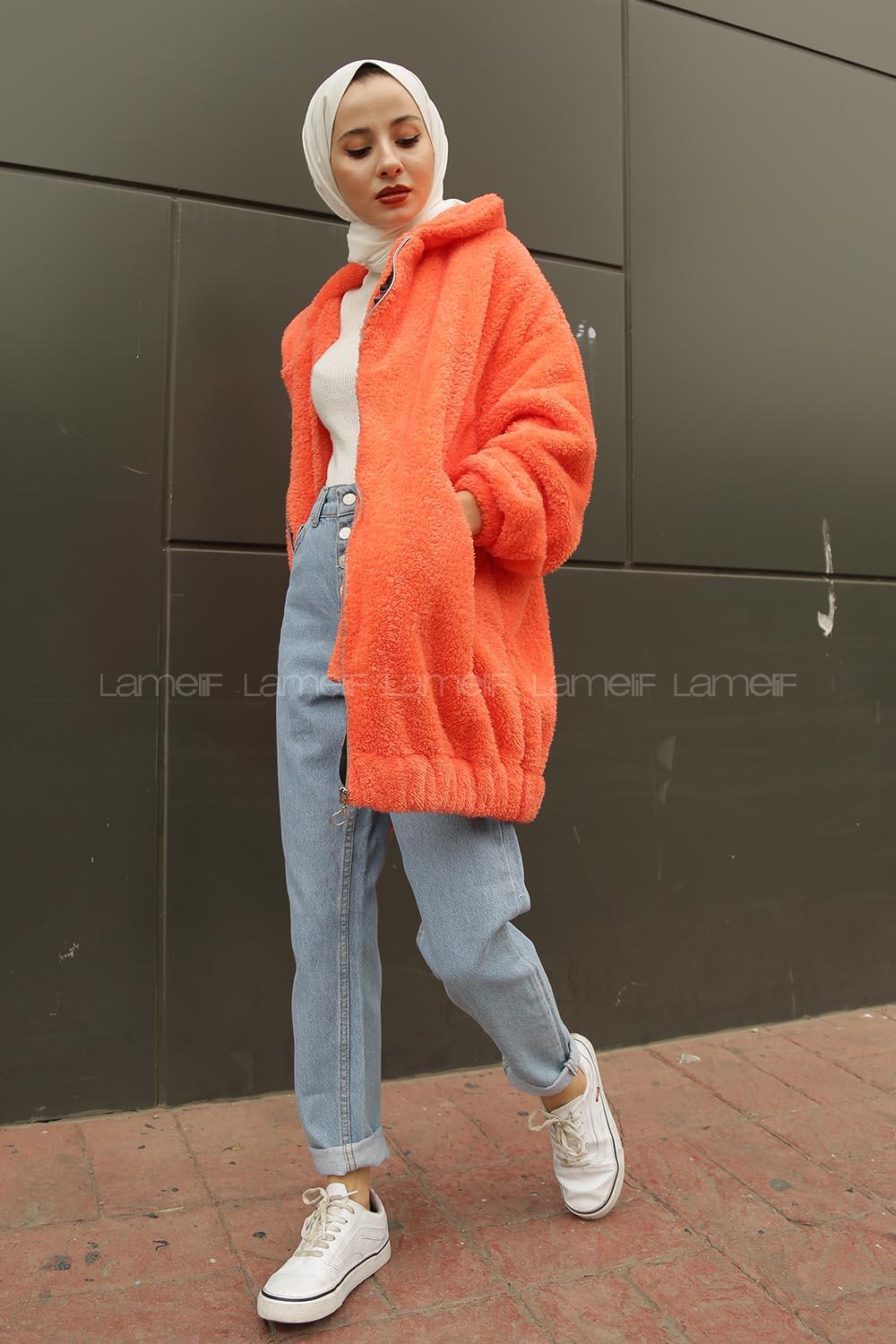 Lamelif Peluş Mont Somon