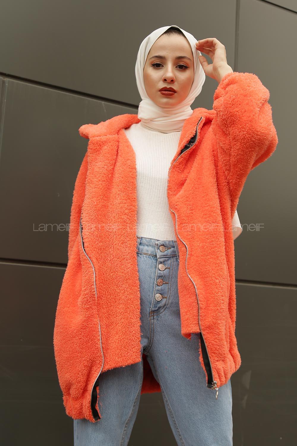 Lamelif Peluş Mont Somon