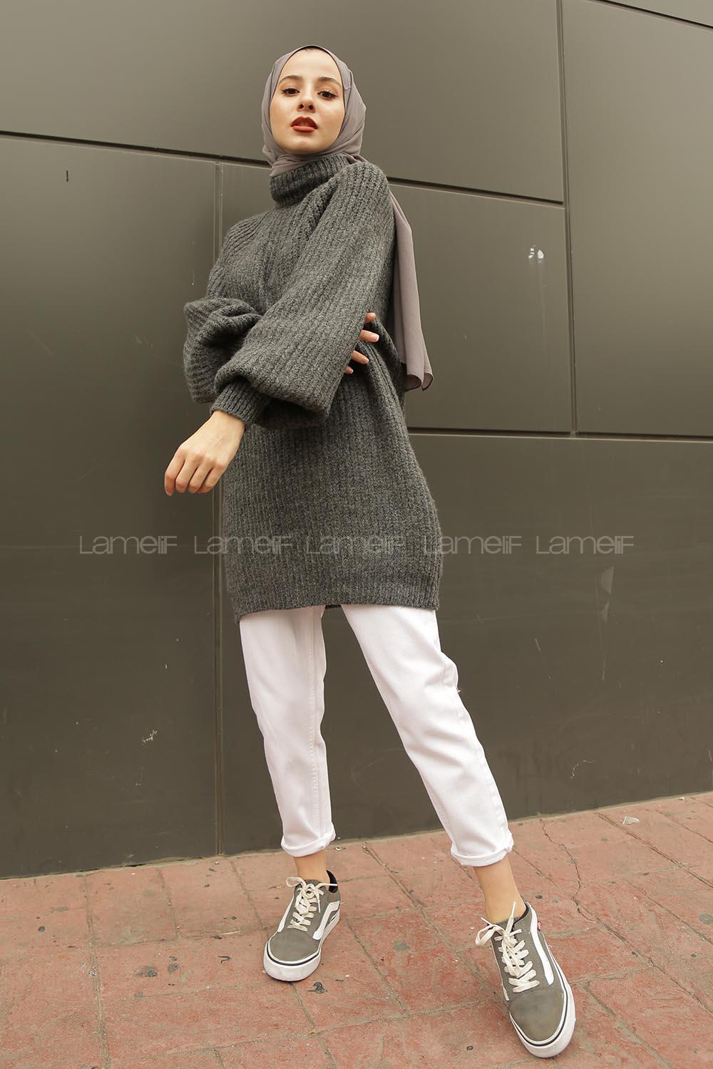 Modalamelif Yarım Boğazlı Balon Kol Kazak  Antrasit