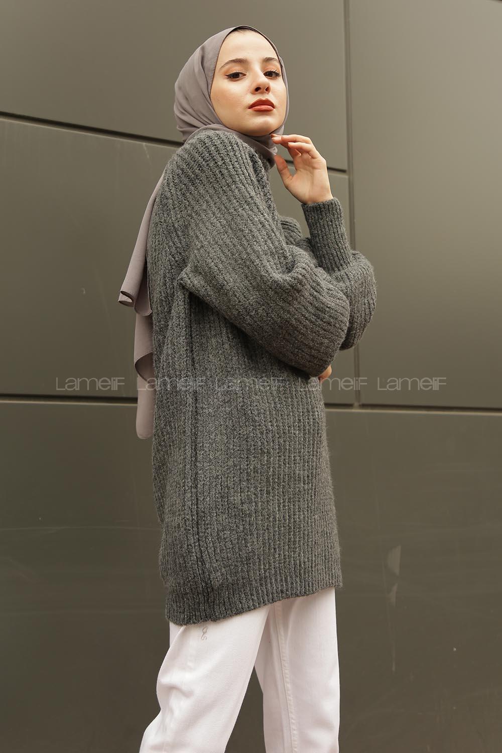 Modalamelif Yarım Boğazlı Balon Kol Kazak  Antrasit