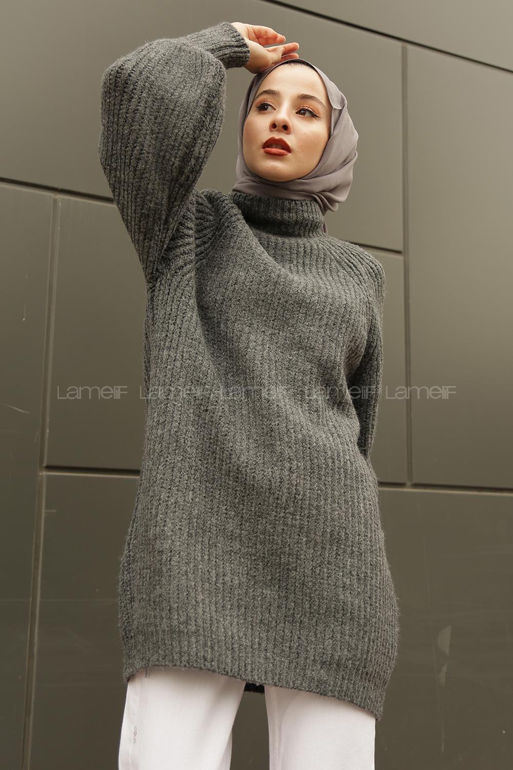 Modalamelif Yarım Boğazlı Balon Kol Kazak  Antrasit