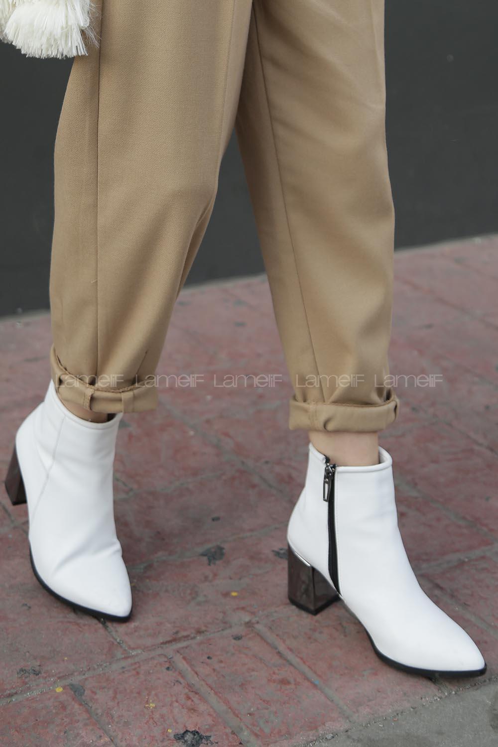 Modalamelif Metal Topuklu Bilekte Bot Beyaz