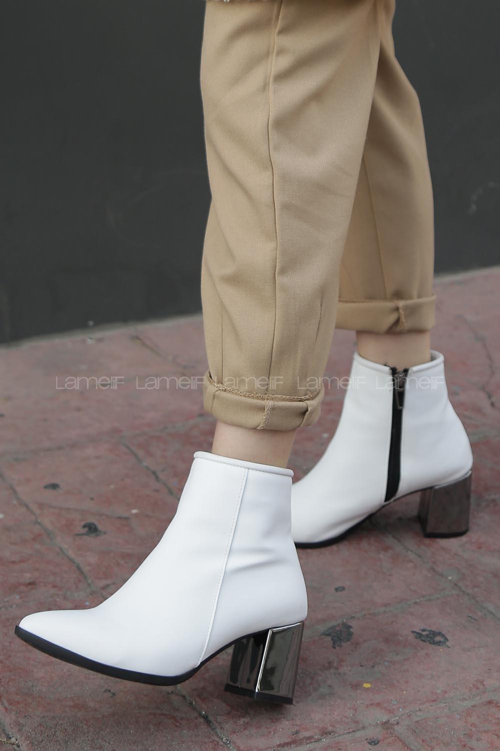 Modalamelif Metal Topuklu Bilekte Bot Beyaz