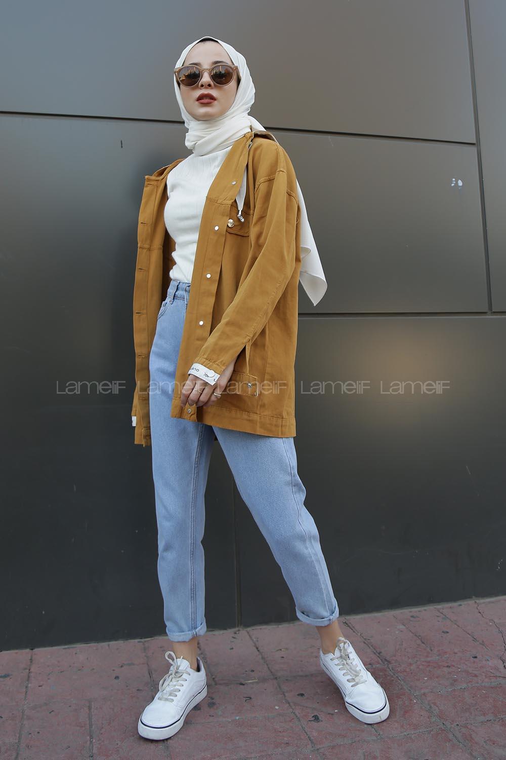 Modalamelif Önü Düğmeli Kapşonlu Ceket Hardal Sarısı