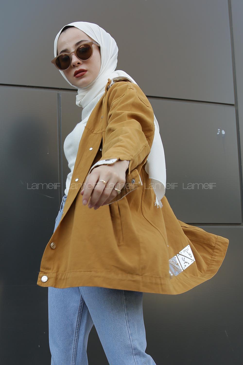 Modalamelif Önü Düğmeli Kapşonlu Ceket Hardal Sarısı