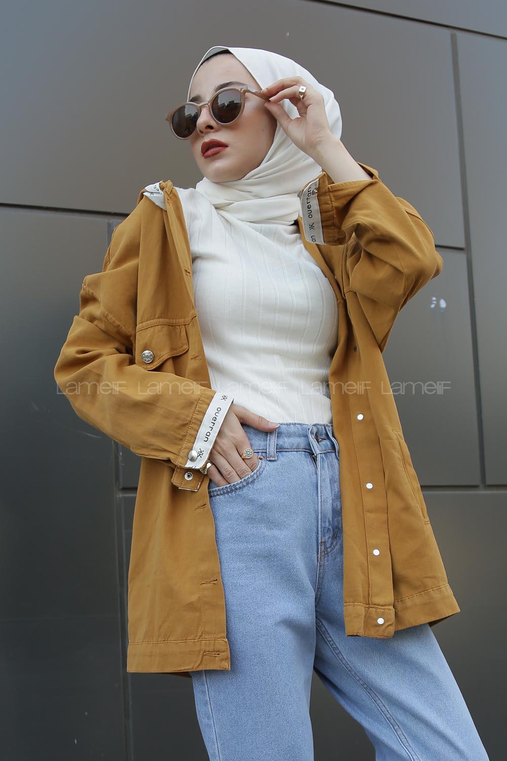 Modalamelif Önü Düğmeli Kapşonlu Ceket Hardal Sarısı