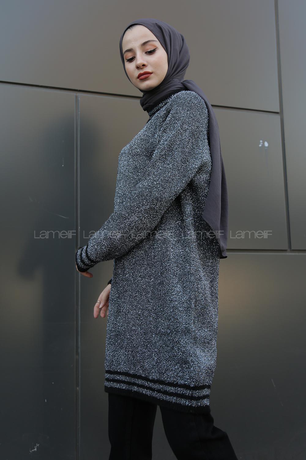 Modalamelif Simli Triko Tunik Füme