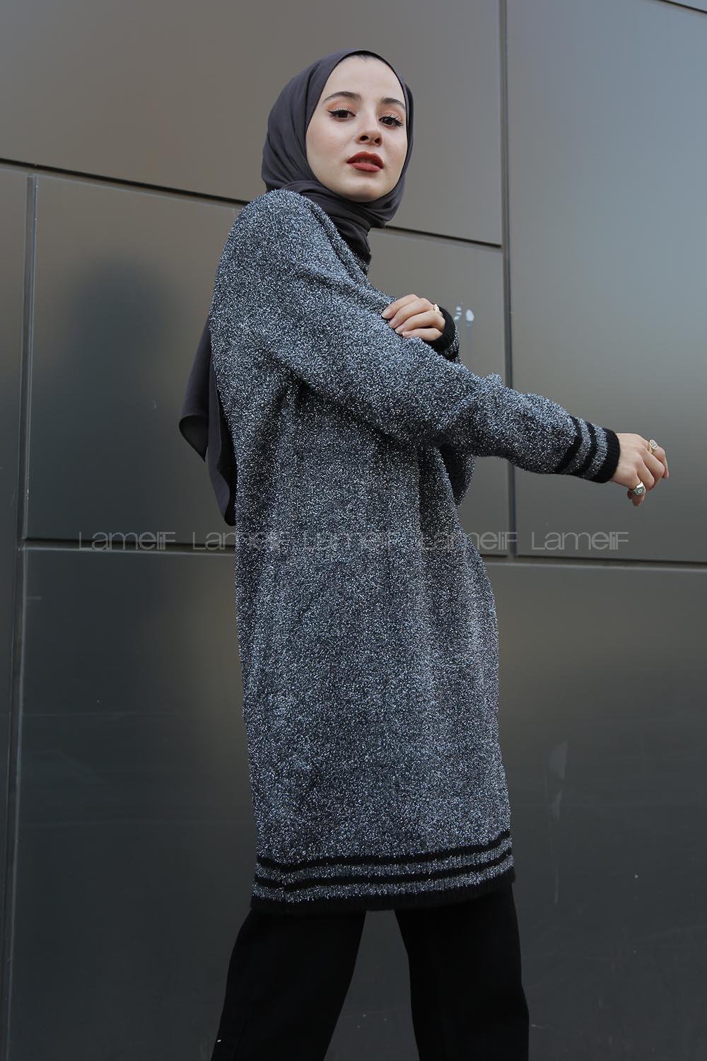 Modalamelif Simli Triko Tunik Füme