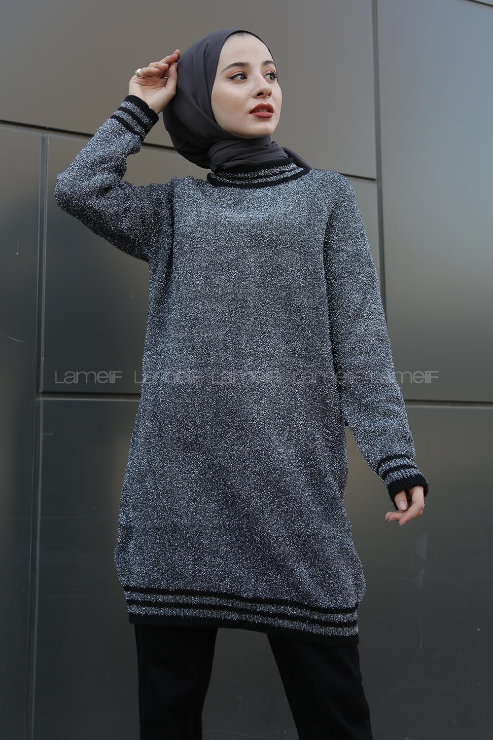 Modalamelif Simli Triko Tunik Füme