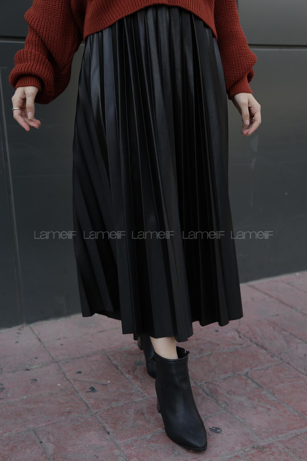 Modalamelif Siyah Deri Etek