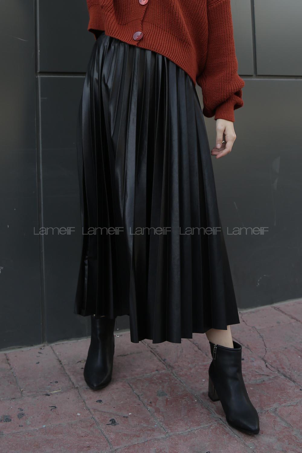 Modalamelif Siyah Deri Etek