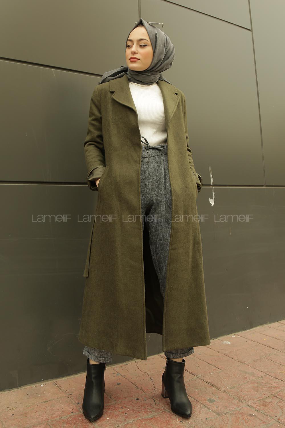 Modalamelif Belden Bağlamalı Kaşe Kaban Haki