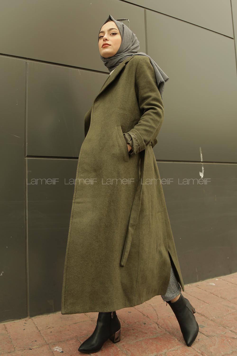 Modalamelif Belden Bağlamalı Kaşe Kaban Haki