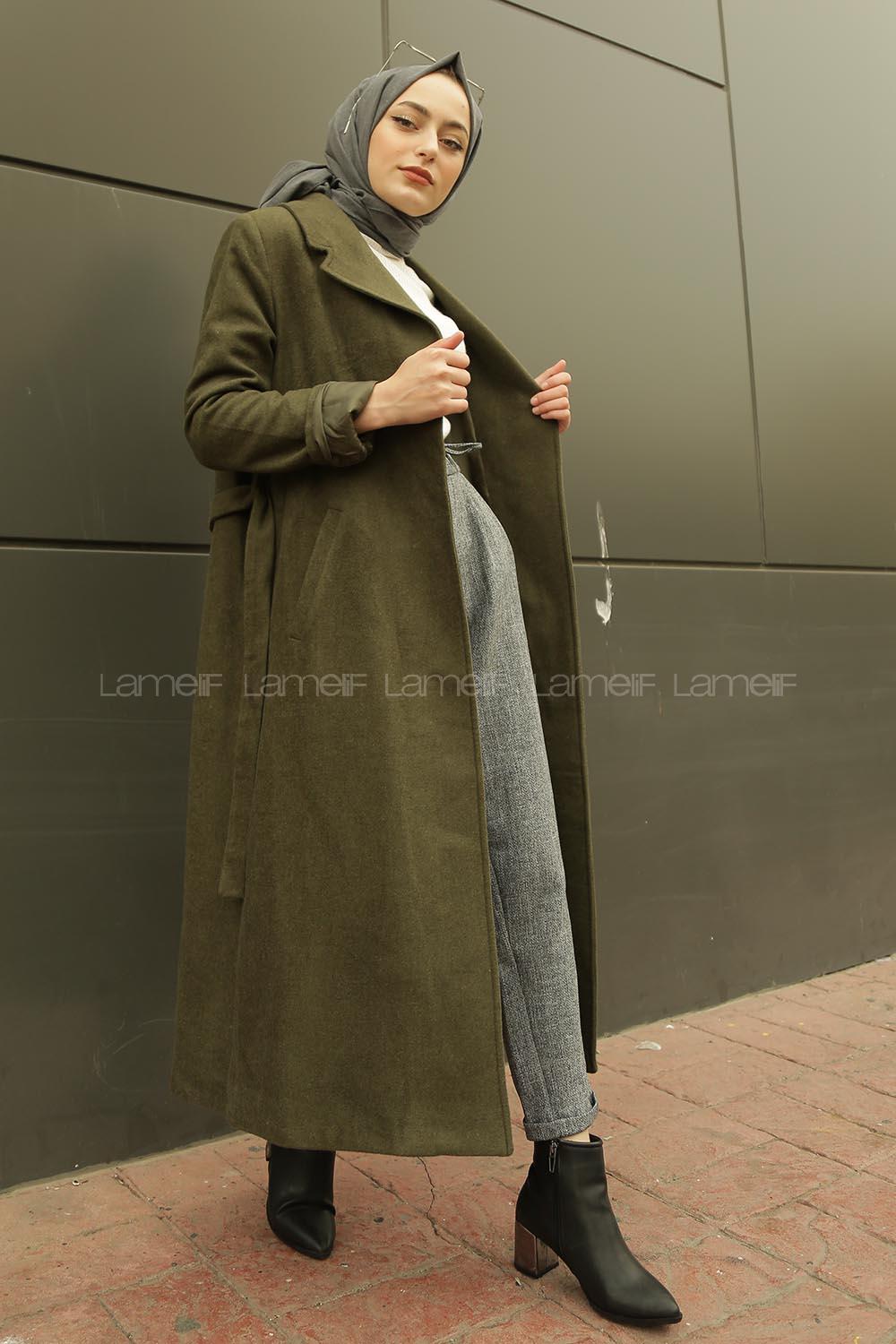 Modalamelif Belden Bağlamalı Kaşe Kaban Haki