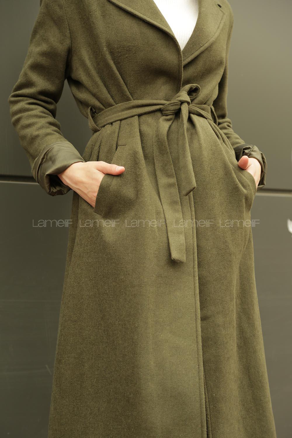 Modalamelif Belden Bağlamalı Kaşe Kaban Haki