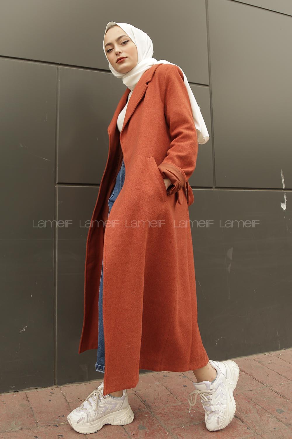 Modalamelif Belden Bağlamalı Kaşe Kaban Kiremit