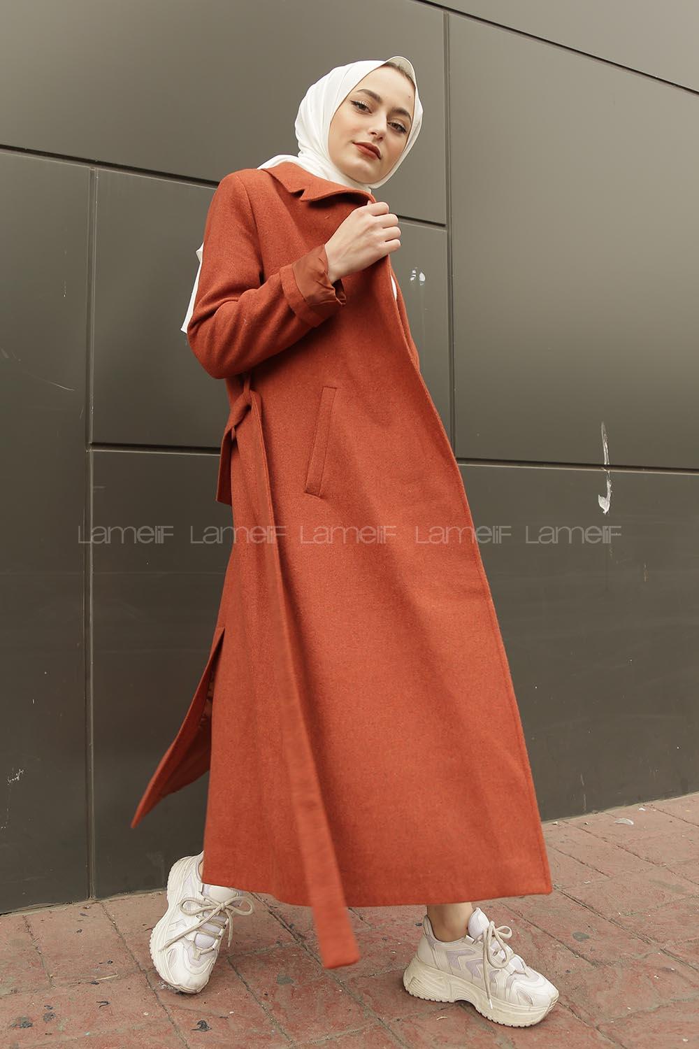 Modalamelif Belden Bağlamalı Kaşe Kaban Kiremit