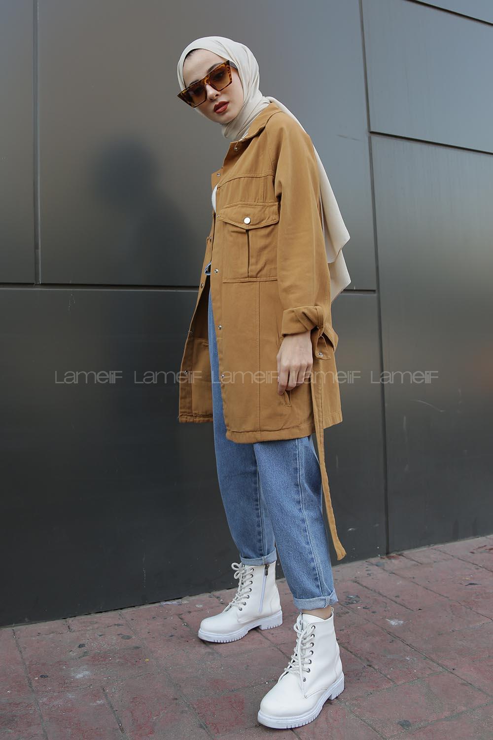 Modalamelif Önü Çıt Çıt Düğmeli Kot Ceket Sütlü Kahve