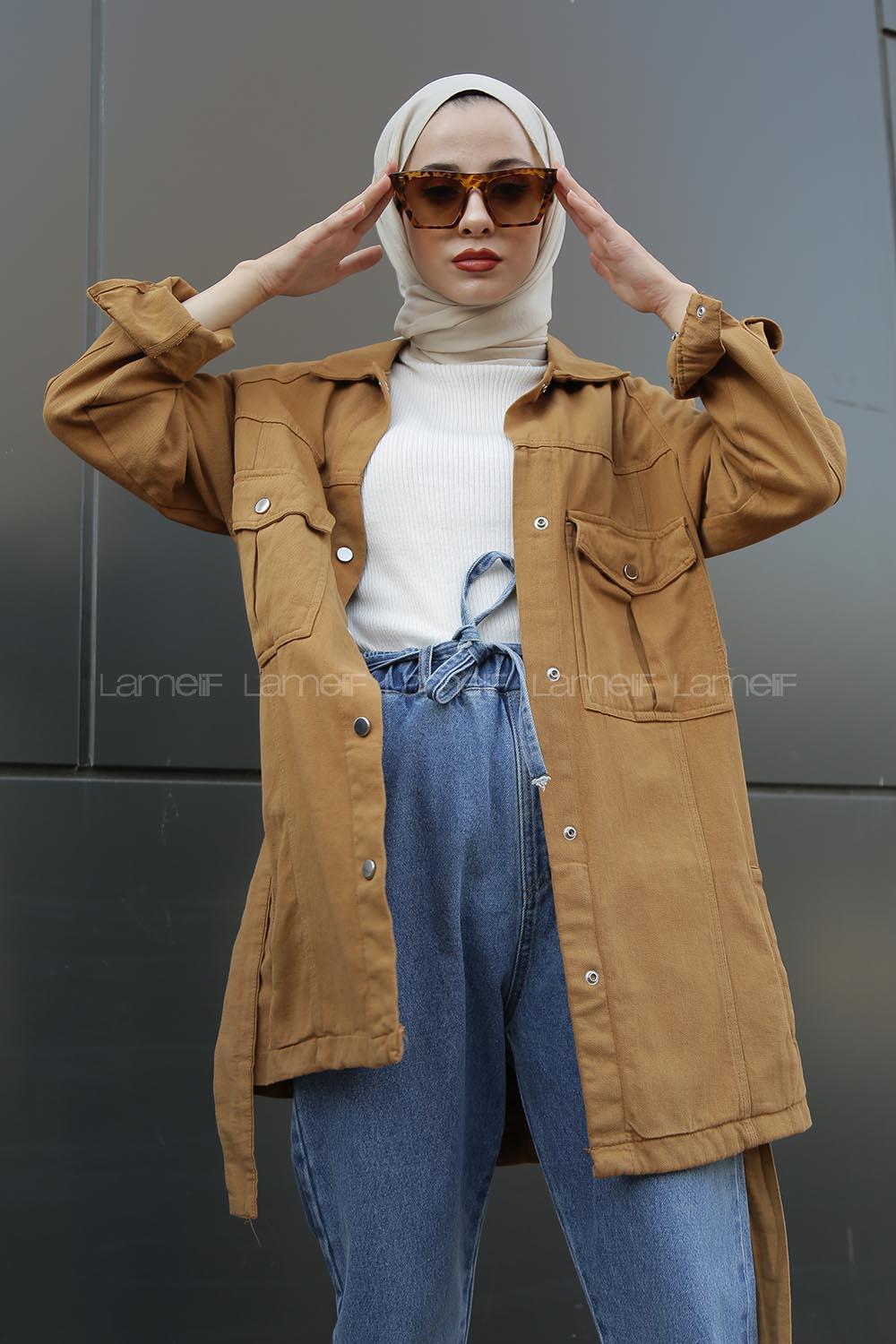 Modalamelif Önü Çıt Çıt Düğmeli Kot Ceket Sütlü Kahve