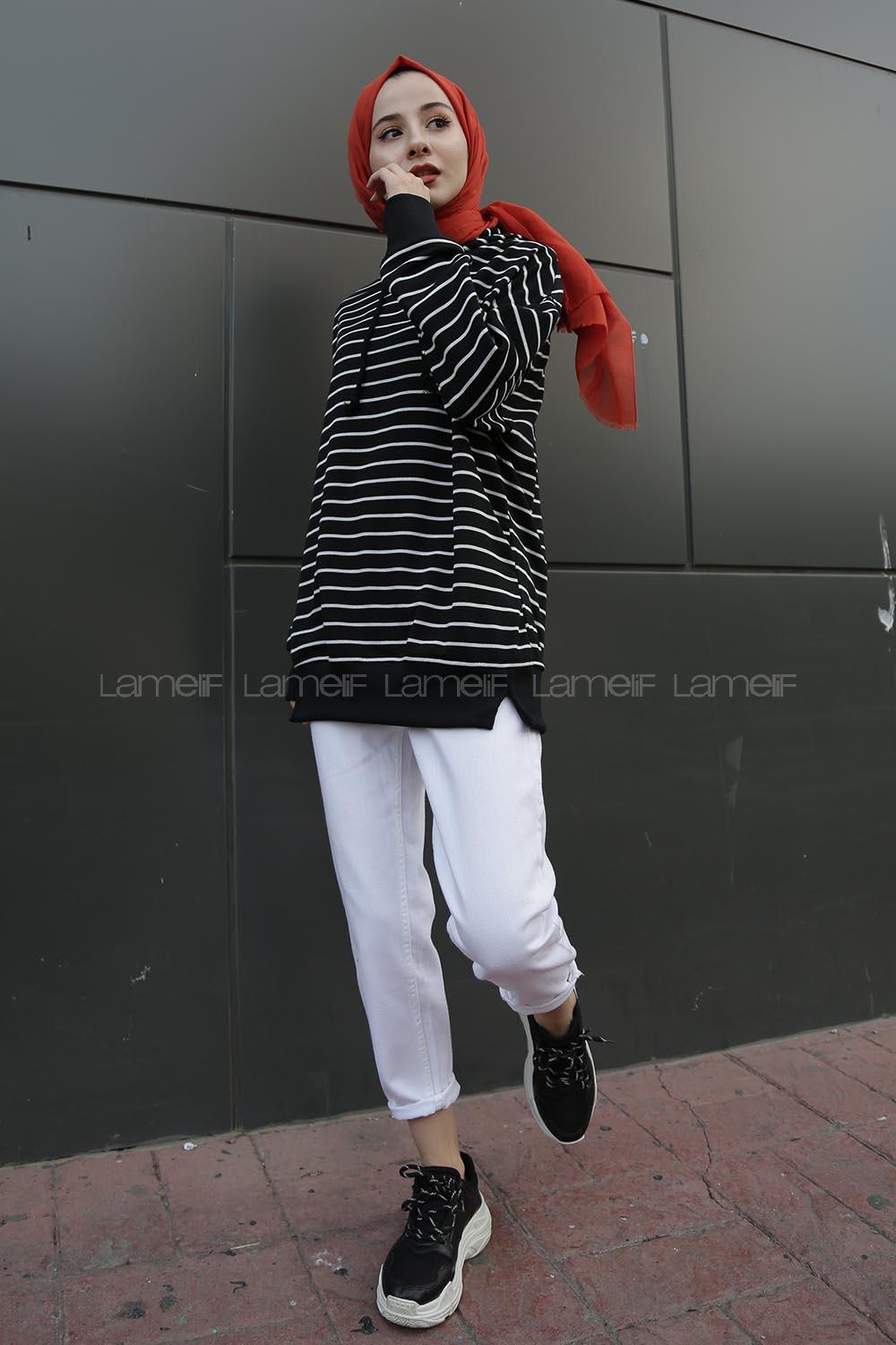 Modalamelif Çizgili Kapşonlu Sweat Siyah