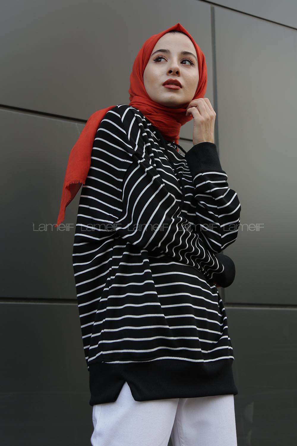 Modalamelif Çizgili Kapşonlu Sweat Siyah