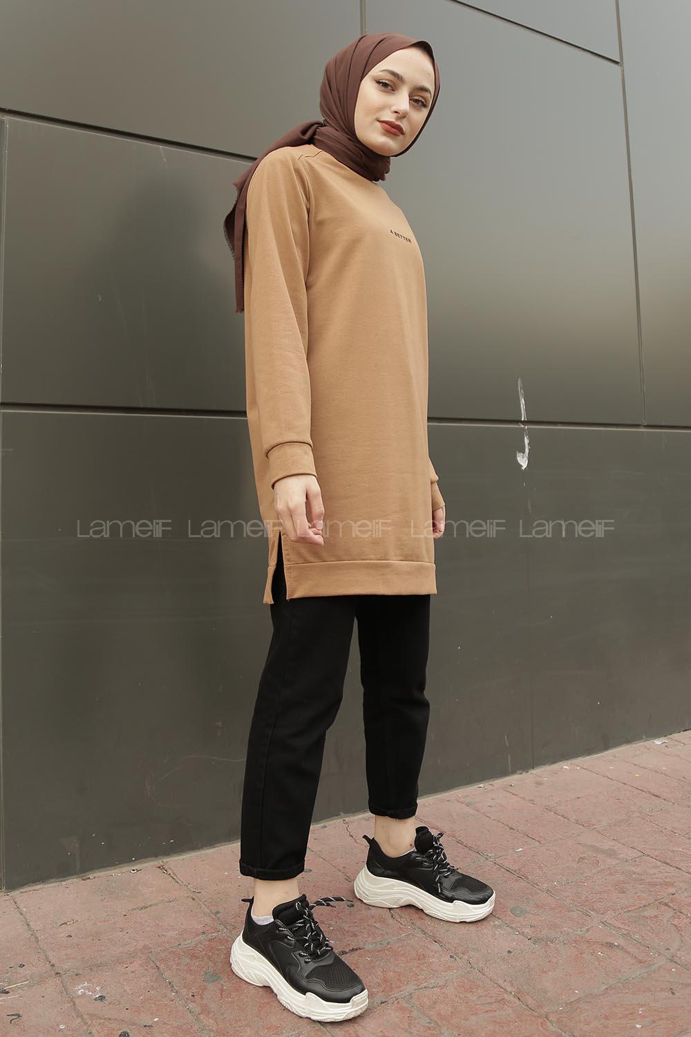 Modalamelif A Better Baskılı Yırtmaçlı Sweatshirt  Sütlü Kahve