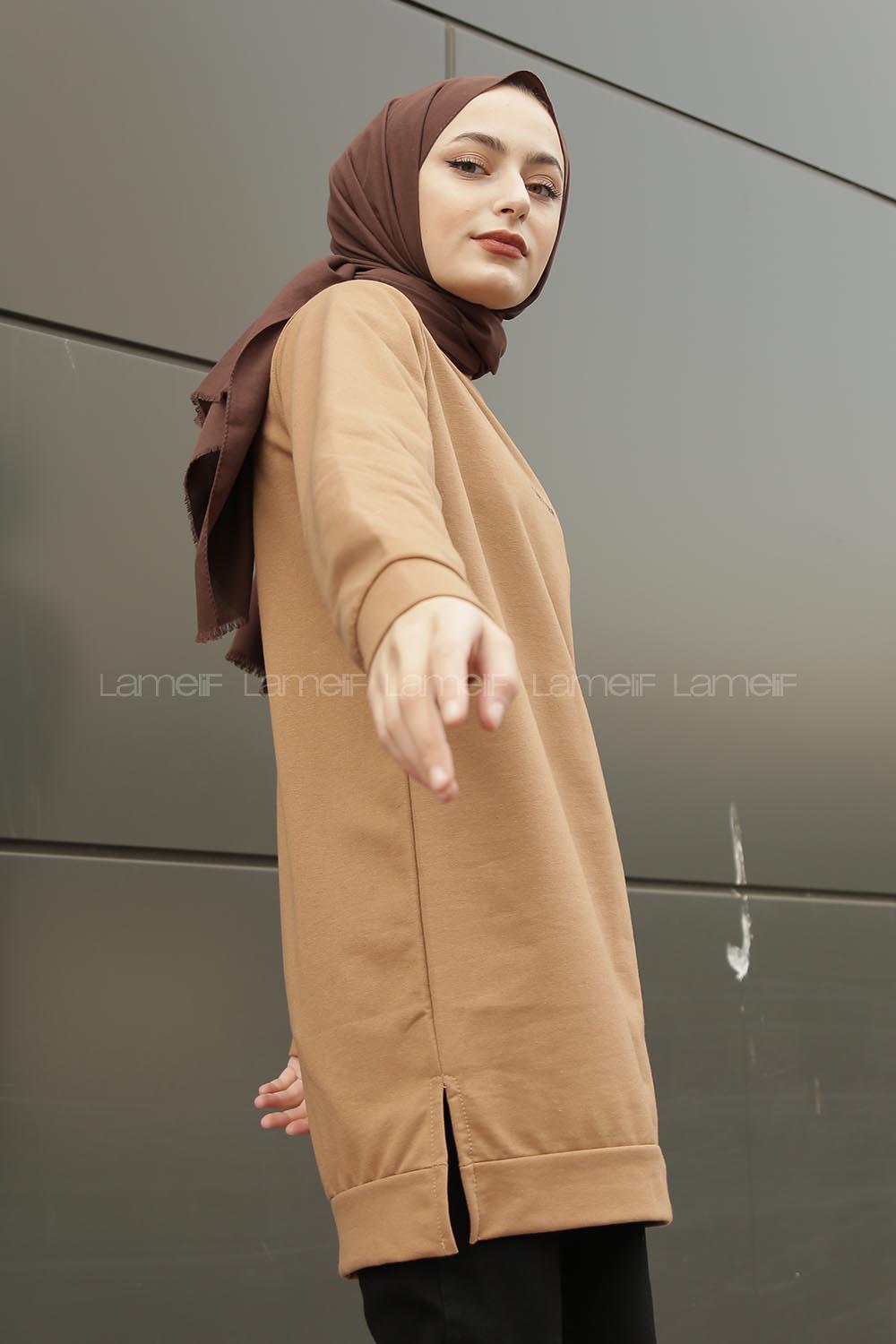 Modalamelif A Better Baskılı Yırtmaçlı Sweatshirt  Sütlü Kahve