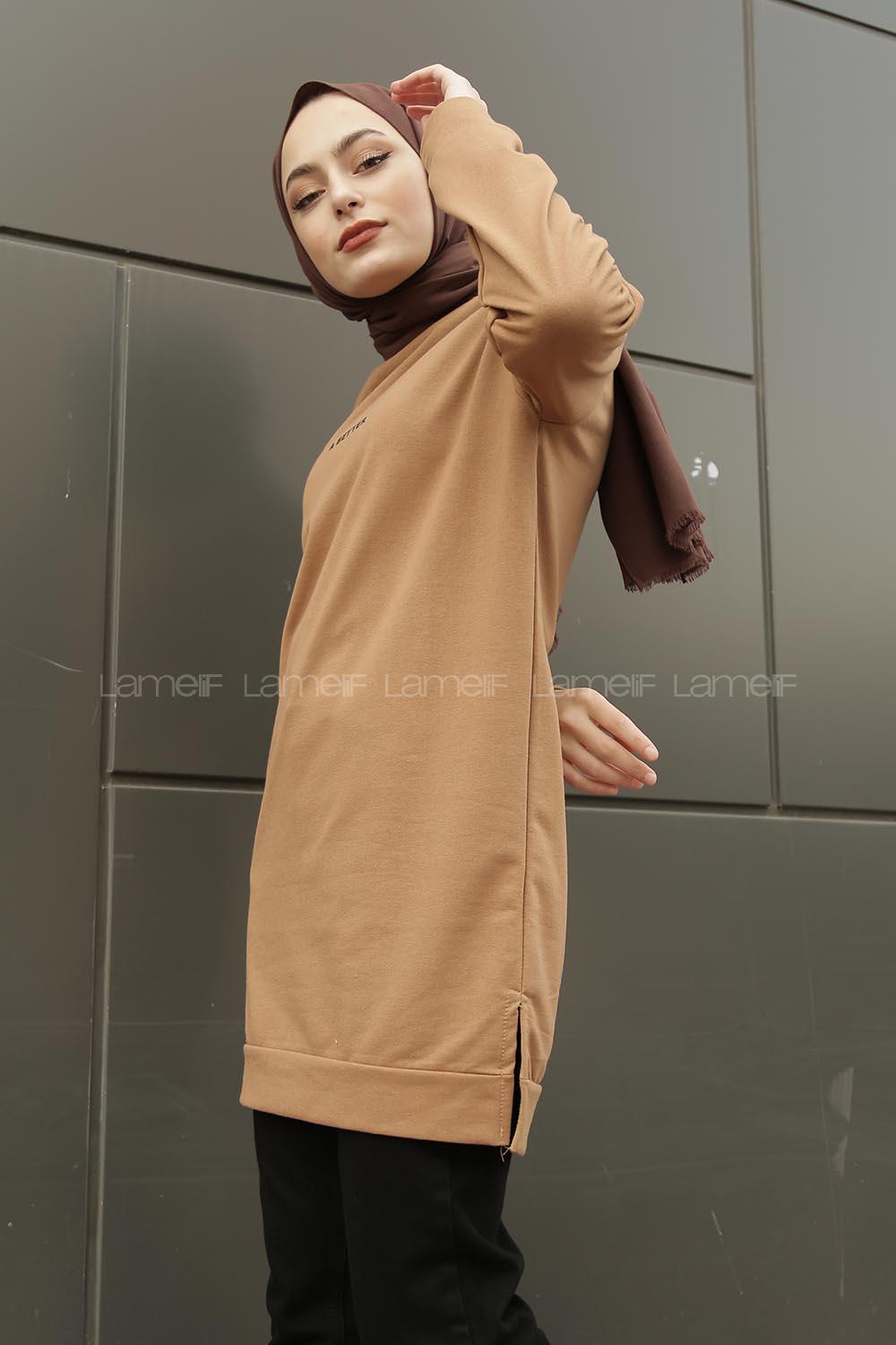 Modalamelif A Better Baskılı Yırtmaçlı Sweatshirt  Sütlü Kahve