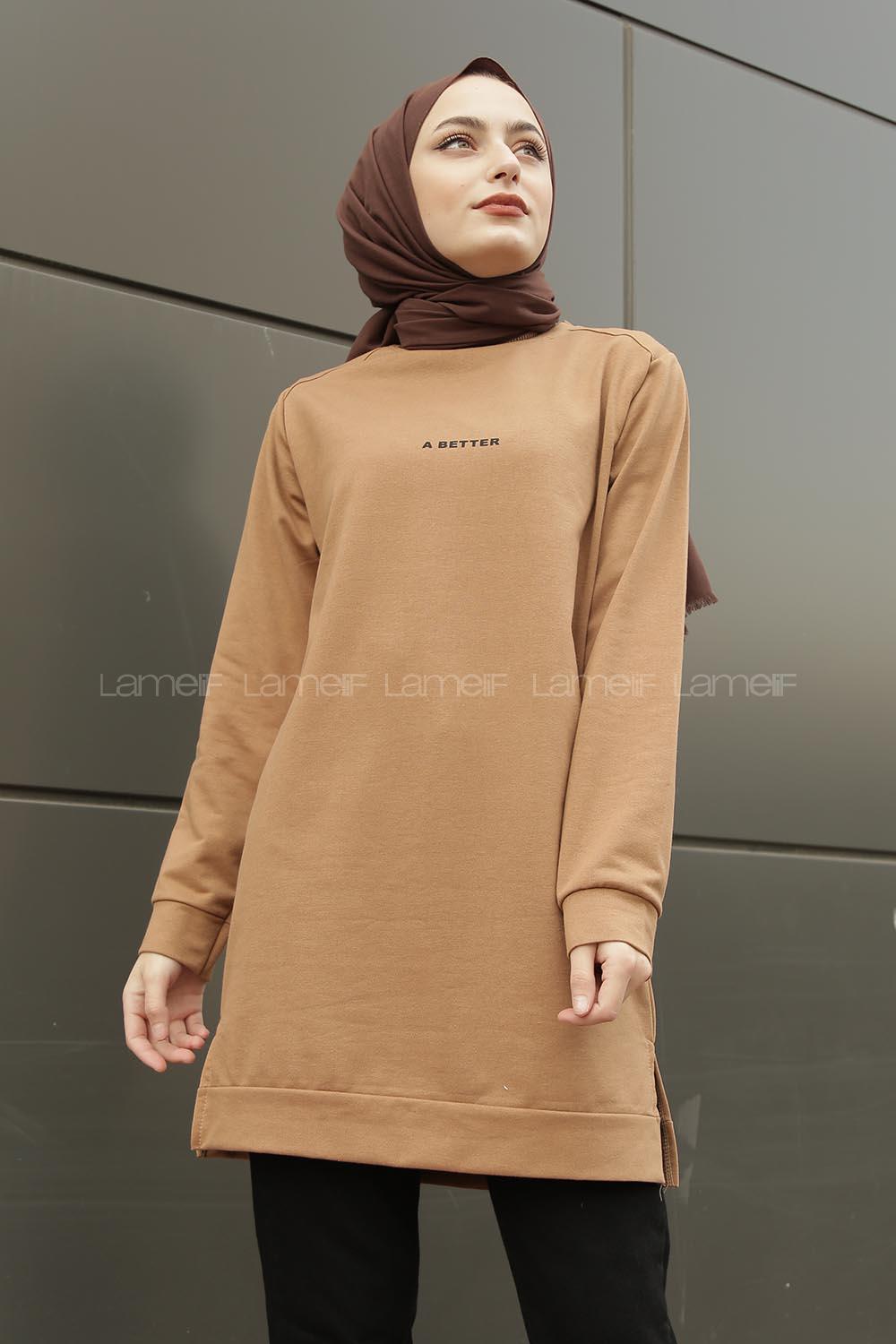 Modalamelif A Better Baskılı Yırtmaçlı Sweatshirt  Sütlü Kahve