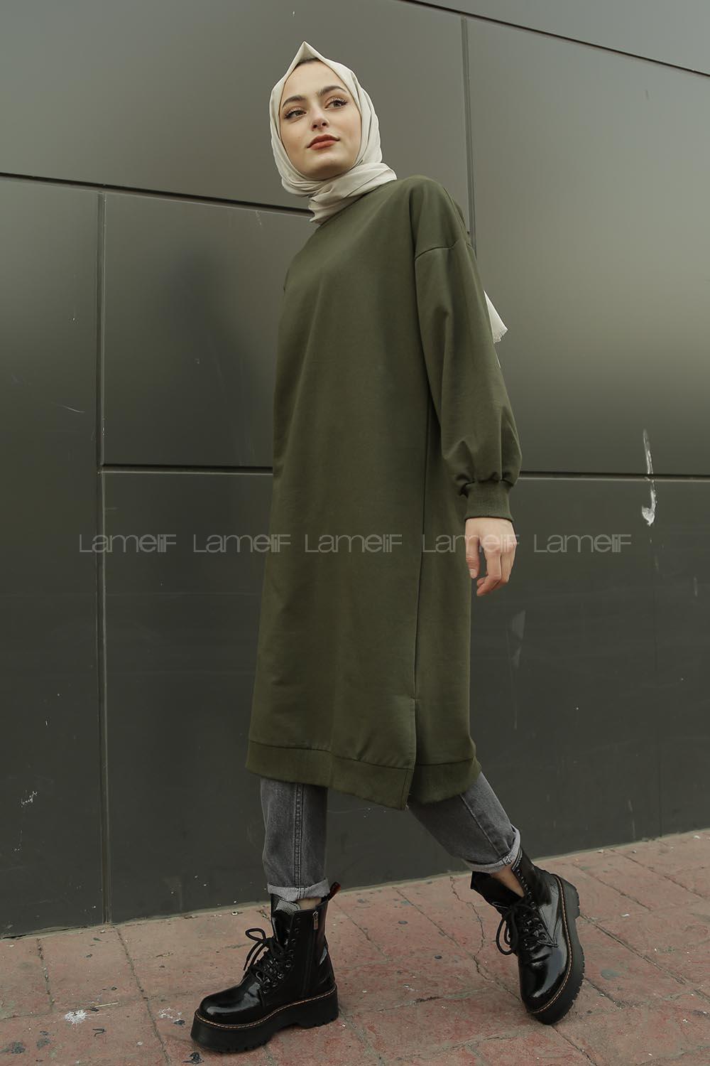 Modalamelif Balon Kol Düz Renk Sweat Haki