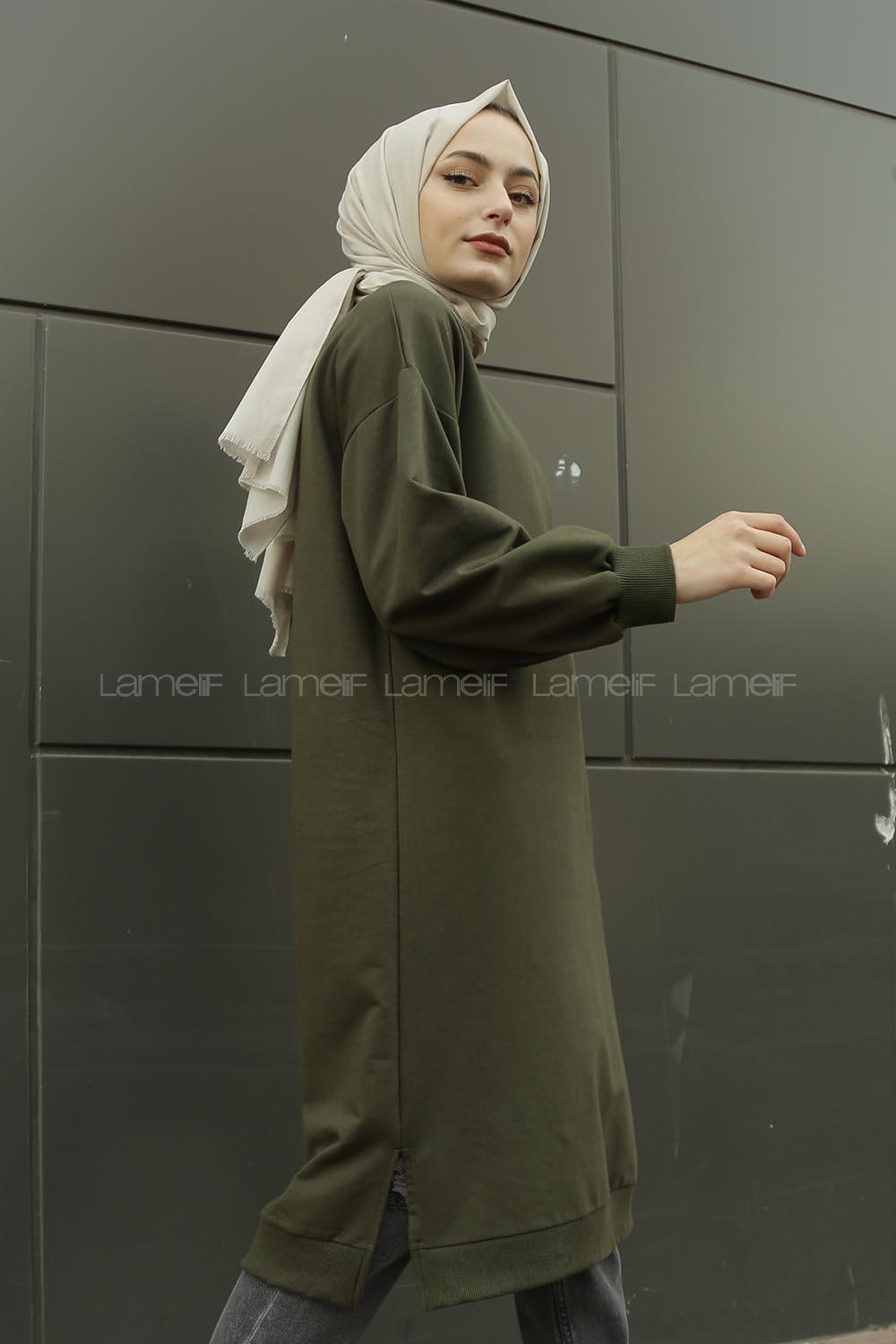 Modalamelif Balon Kol Düz Renk Sweat Haki