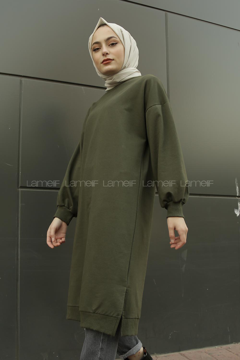 Modalamelif Balon Kol Düz Renk Sweat Haki