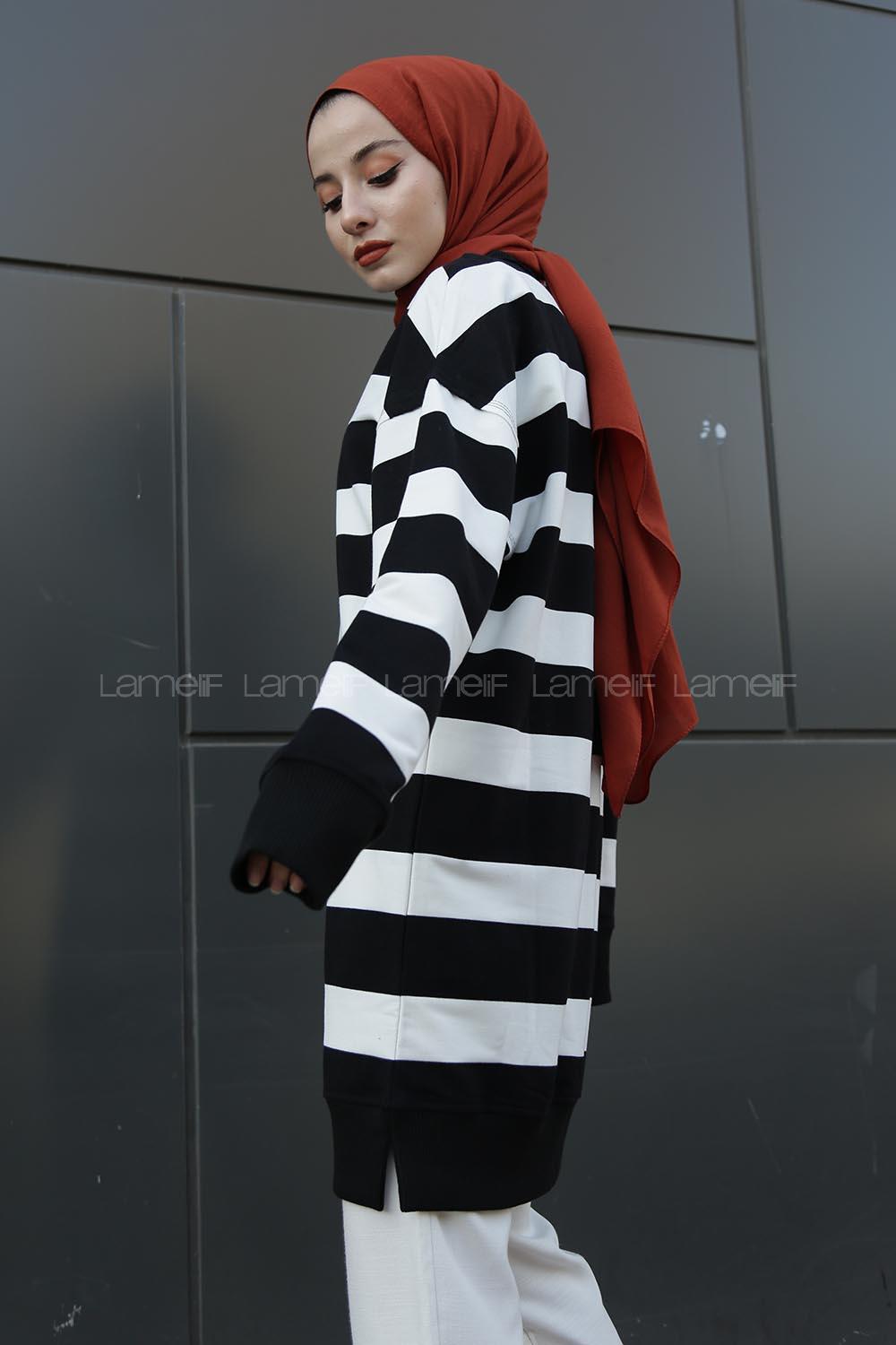 Modalamelif Kalın Çizgili Celina Tunik Siyah