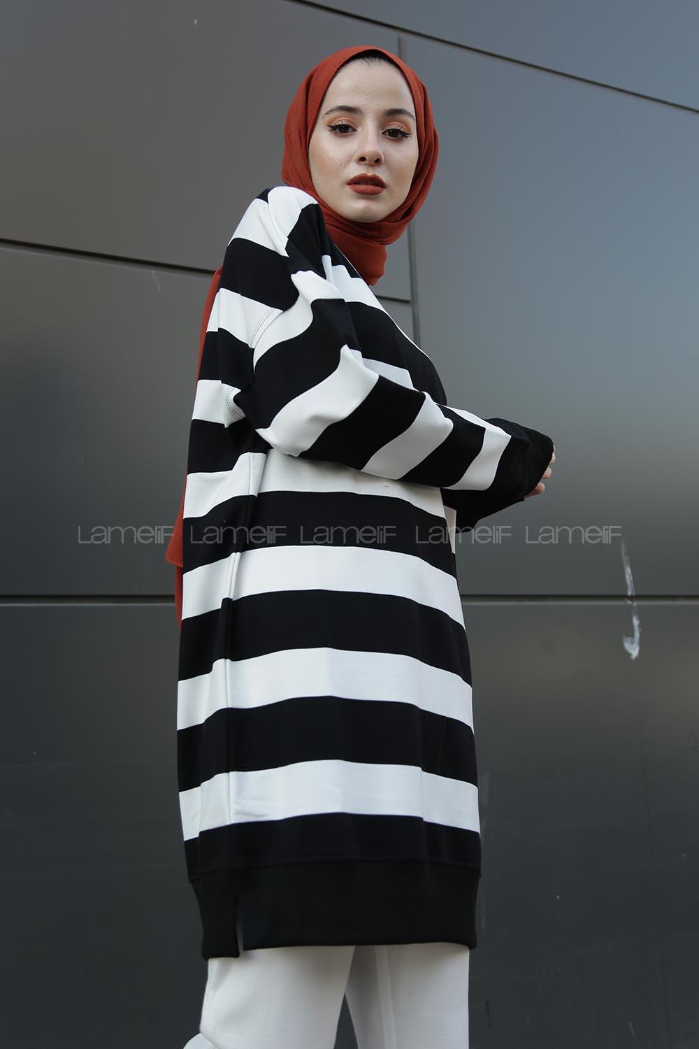 Modalamelif Kalın Çizgili Celina Tunik Siyah