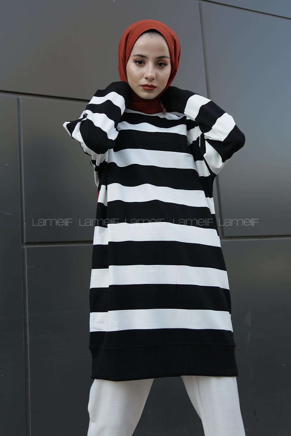 Modalamelif Kalın Çizgili Celina Tunik Siyah