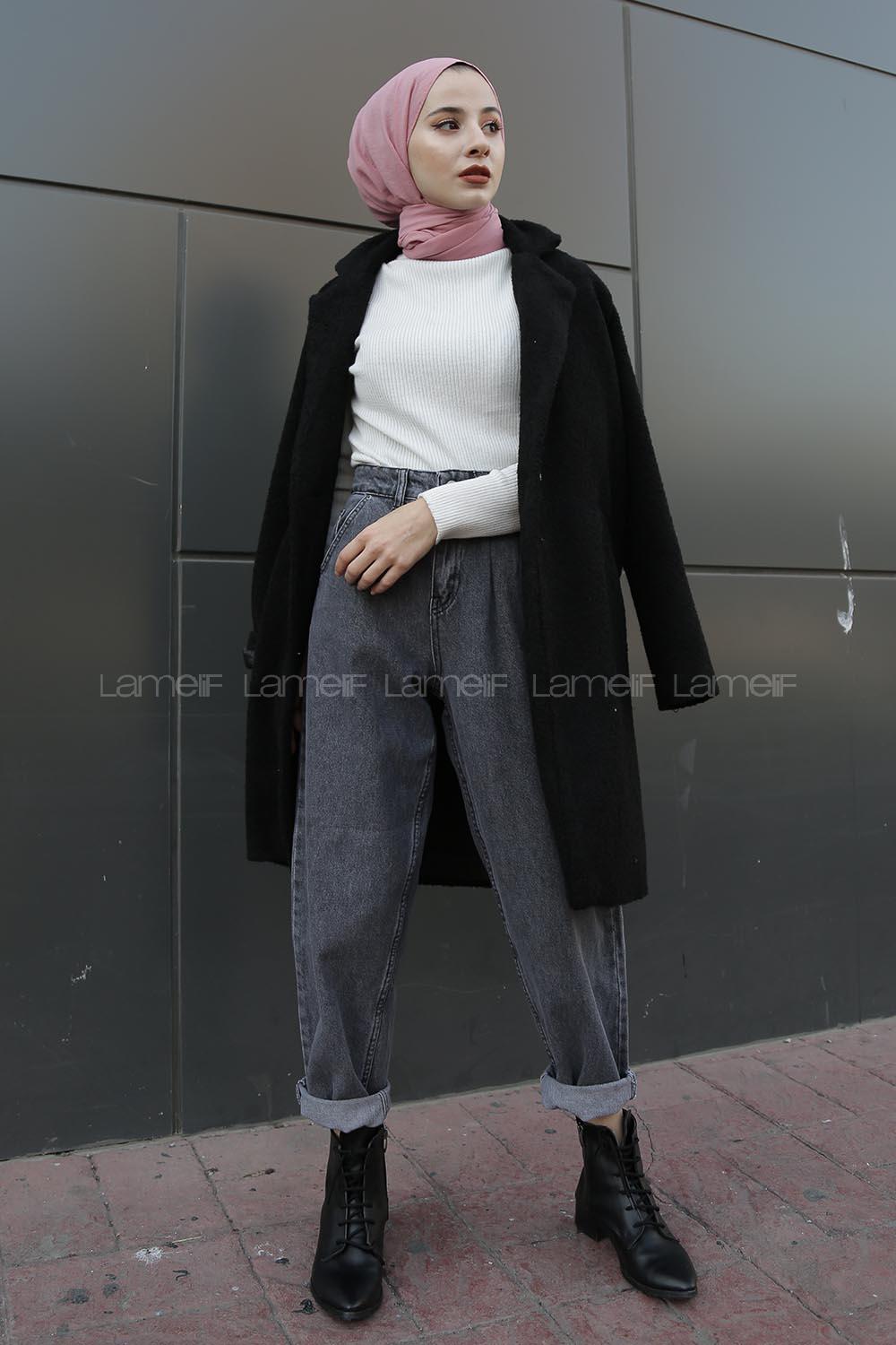 Modalamelif Tek Düğme Detaylı Buklet Kaban Siyah