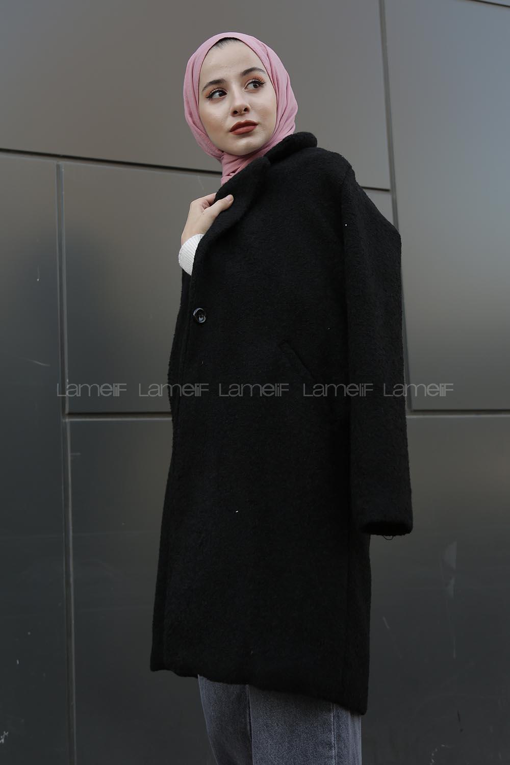 Modalamelif Tek Düğme Detaylı Buklet Kaban Siyah