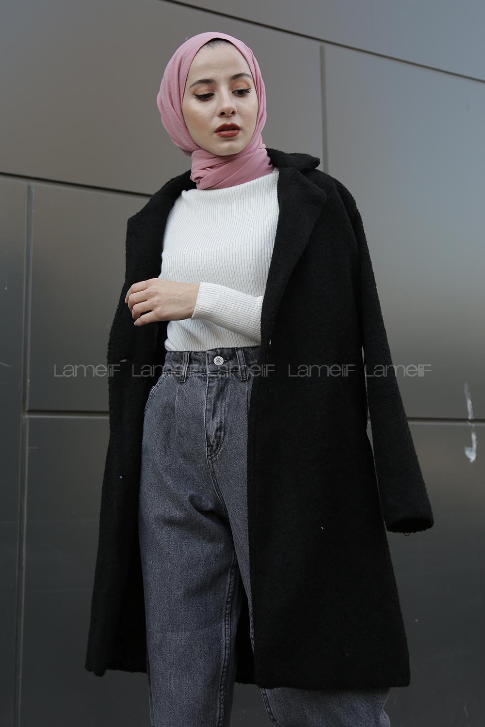 Modalamelif Tek Düğme Detaylı Buklet Kaban Siyah