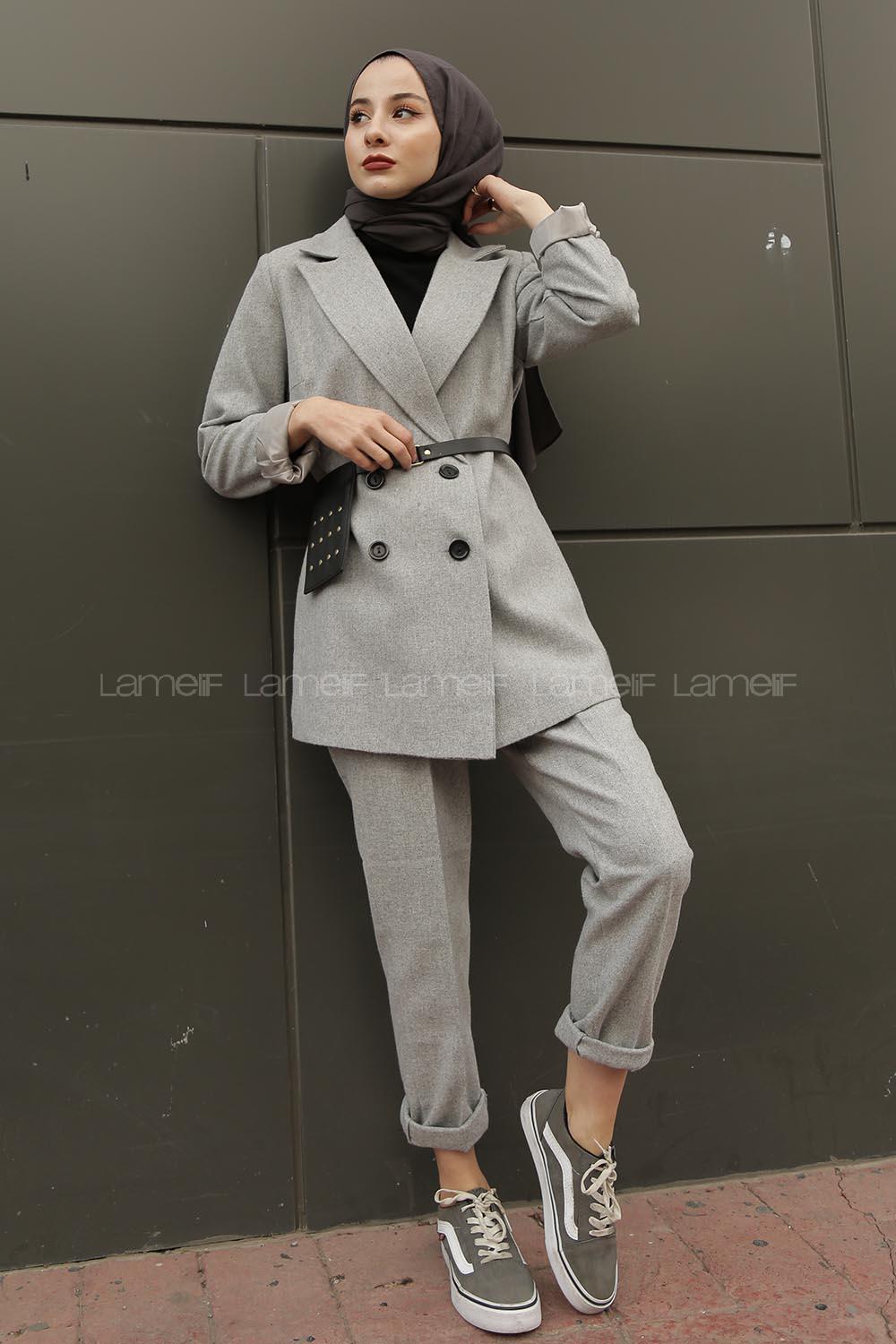 Modalamelif Çanta Detaylı Kaşe Ceket  Açık Gri