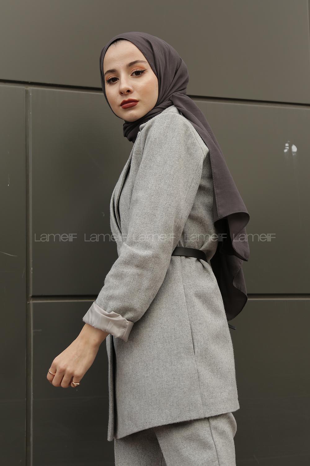 Modalamelif Çanta Detaylı Kaşe Ceket  Açık Gri