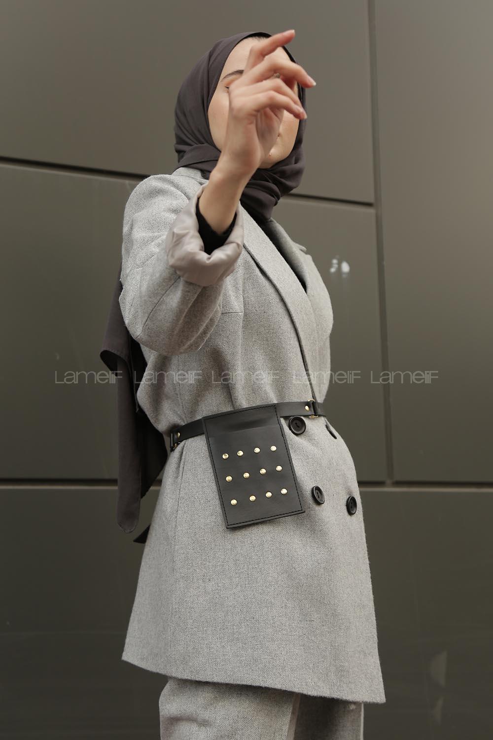 Modalamelif Çanta Detaylı Kaşe Ceket  Açık Gri