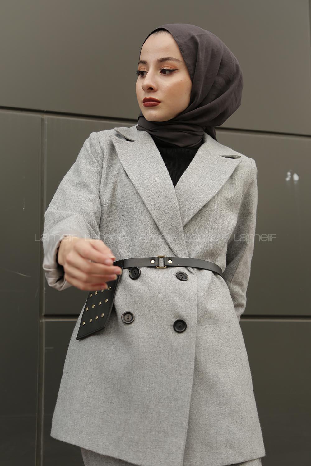 Modalamelif Çanta Detaylı Kaşe Ceket  Açık Gri