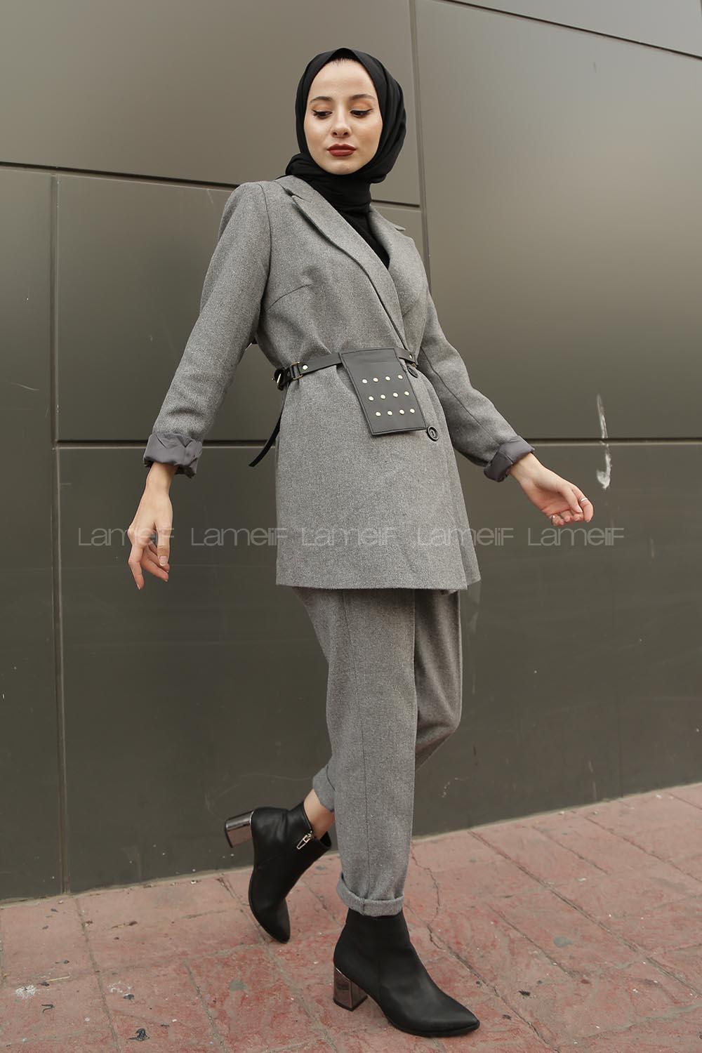 Modalamelif Çanta Detaylı Kaşe Ceket  Gri